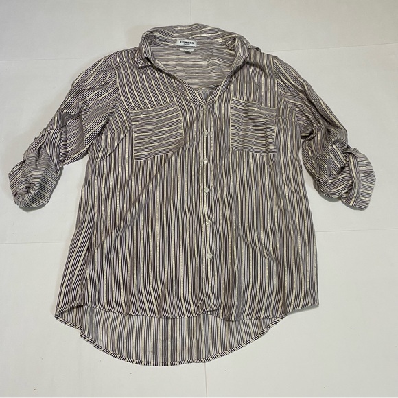 80. ⭐️ Express Purple and Gold Striped Shirt - Picture 1 of 7